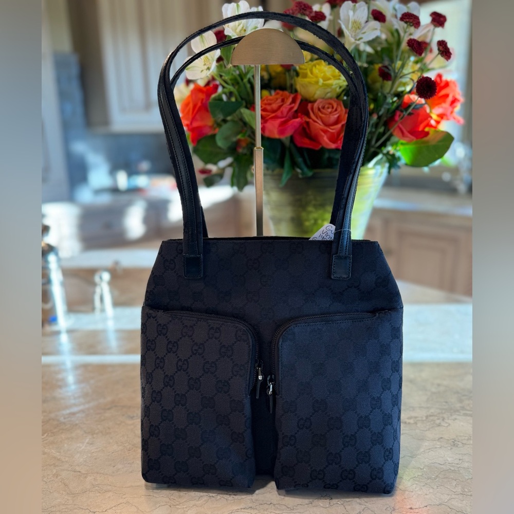 GUCCI 1990'S CANVAS/LEATHER DOUBLE POCKET SHOULDER BAG